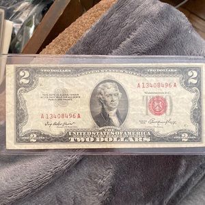 1953 $2 RED SEAL NOTE IS MISCUT AND MISALIGNED AS YOU CAN SEE FRONT & BACK